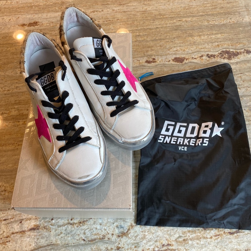 Golden goose sneakers! Size 38 white with pink star and leopard on the back!